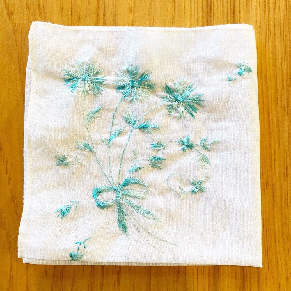 Vintage Handkerchief Hanky Embroidered Variegated Blue Flowers Bow Cotton 10"